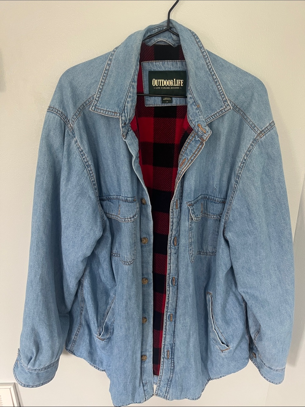 Outdoor Life Light Blue Denim Jacket with Red and Black Plaid Lining